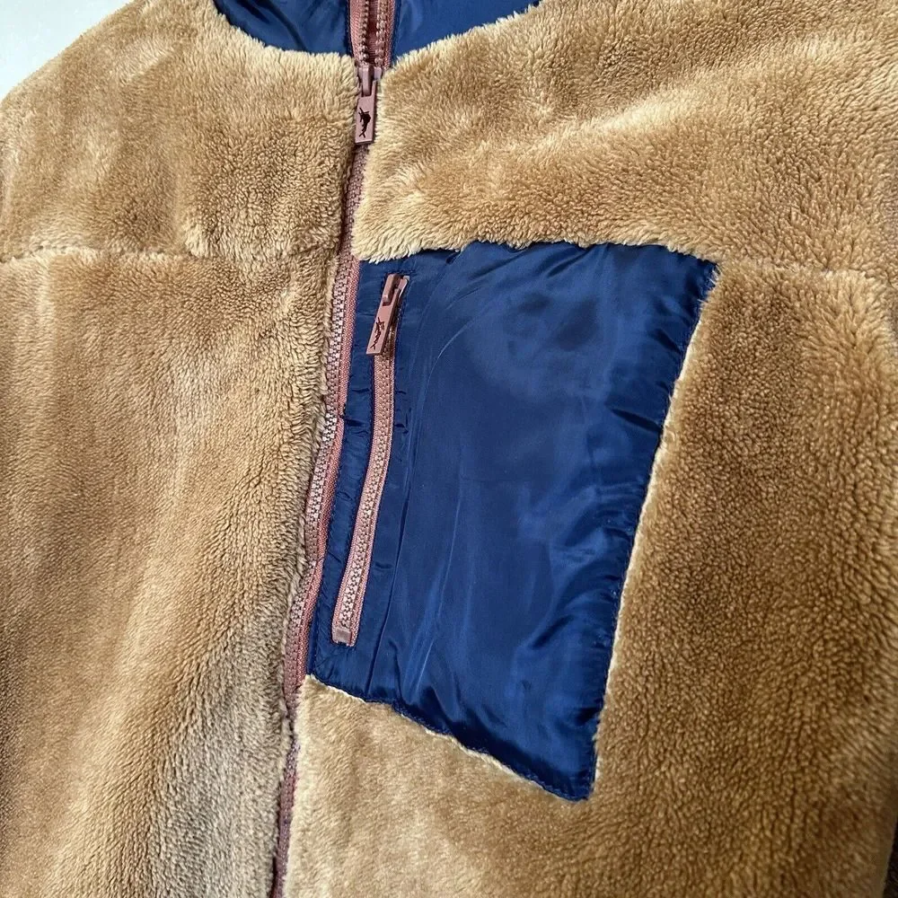 Tommy‎ Bahama Girls Fuzzy Teddy Jacket size 16 brown blue XXL teen zip pockets